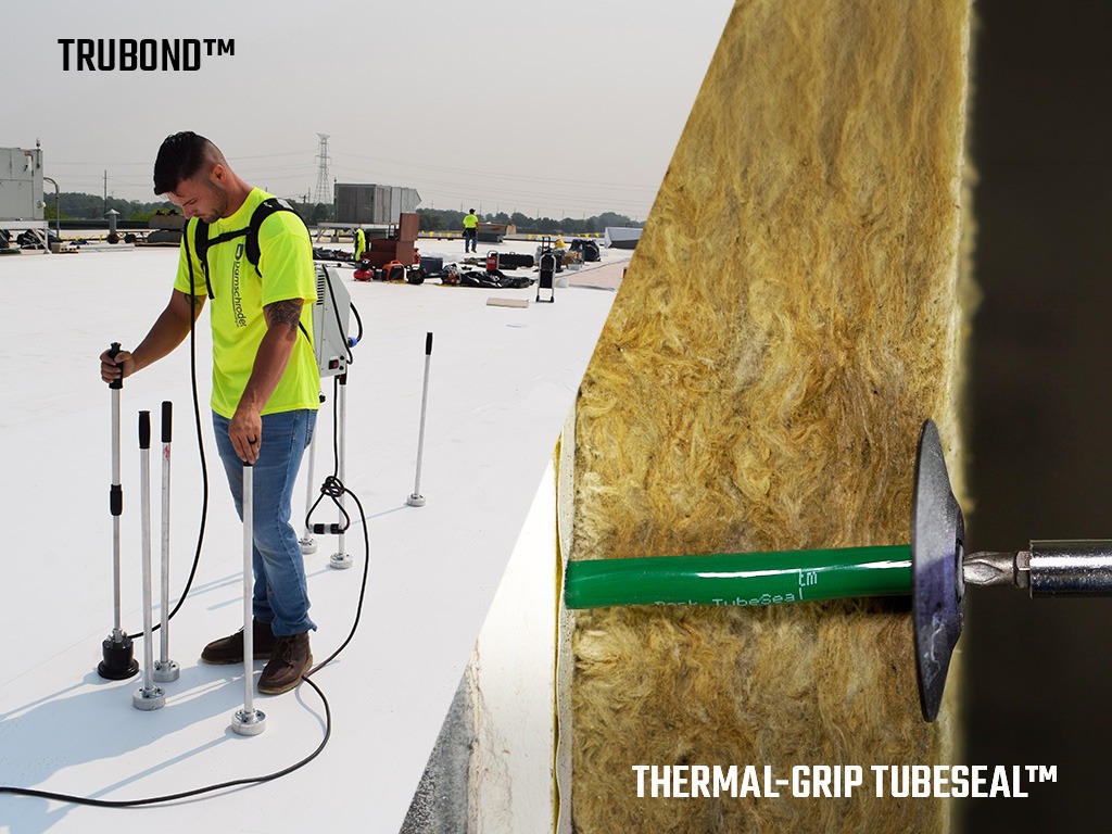 A construction worker in a yellow shirt on a flat white roof using a testing tool; next to it, a close-up of thermal insulation with a green tube and black tool attached.
