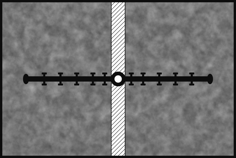 A cross-like figure with a horizontal black line, circular features on each side, and a vertical white line, centered on a gray background.