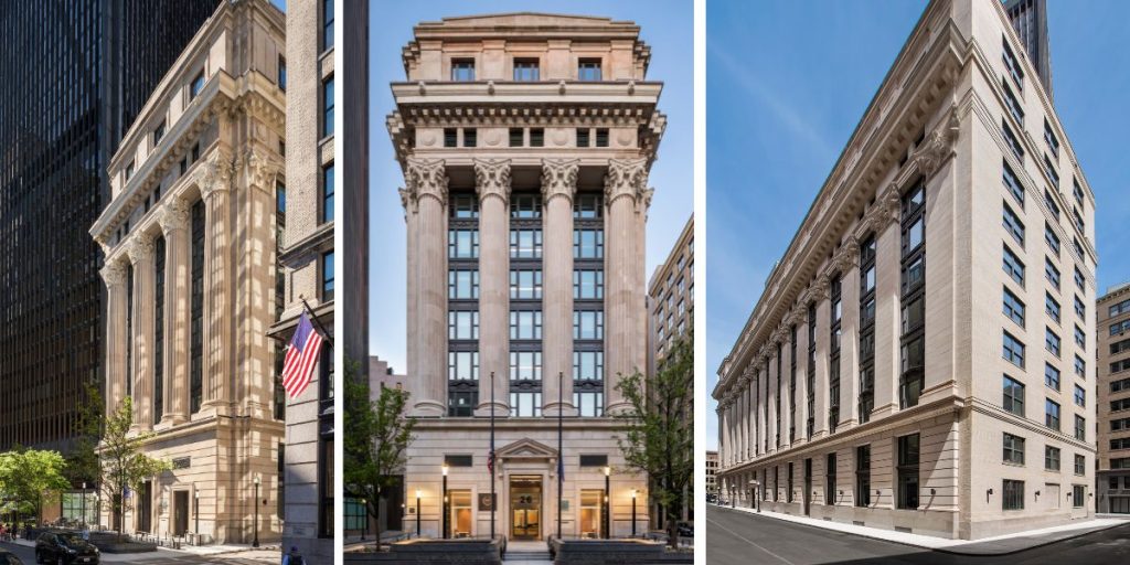Three-panel collage of ornate neoclassical urban buildings, including a façade with an American flag and a central entrance marked “26.”