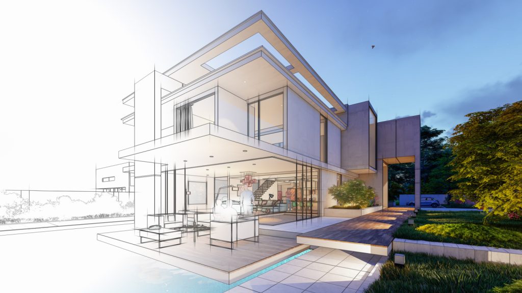 Architectural rendering of a modern glass-walled house with layered terraces, a pool, landscaped grounds, and a wood-toned walkway at dusk.