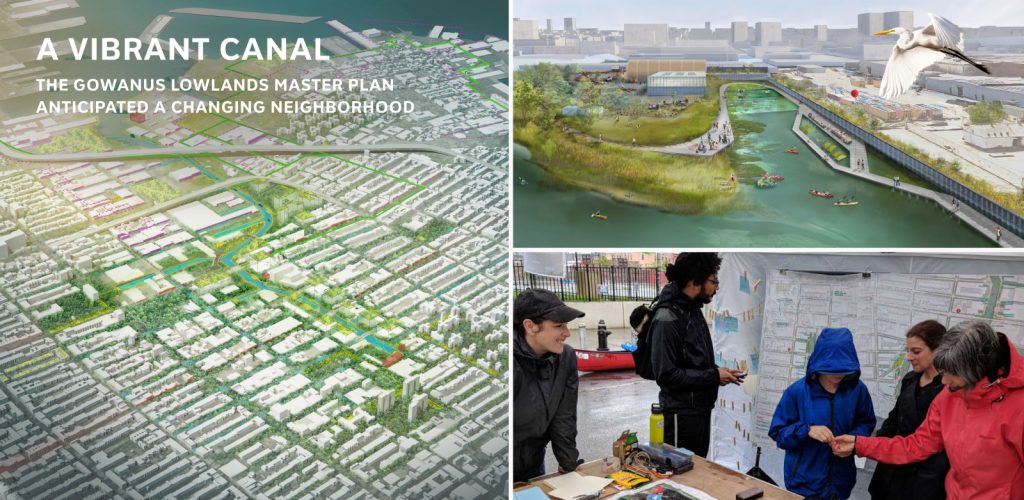 Collage illustrating the Gowanus Lowlands Master Plan, including an aerial neighborhood map, a proposed canal park with kayakers, and people reviewing a planning map.
