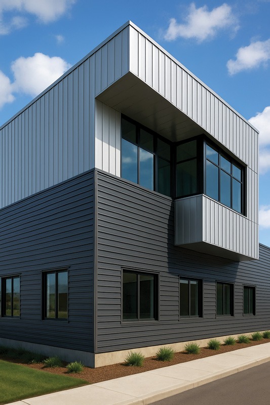 Rendering of a modern two-story commercial building clad in metal. The lower level has dark gray horizontal siding with black-framed windows. The upper level is light gray vertical panels with a projecting corner window box. A concrete sidewalk and landscaped bed run along the base under a blue sky.