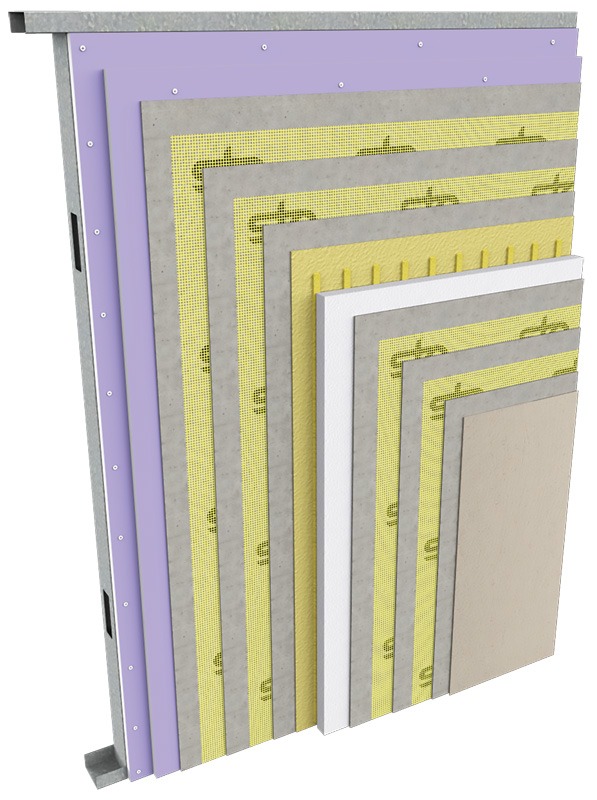 Angled view of layered rectangular construction panels with purple, gray, yellow mesh, white, and beige surfaces.