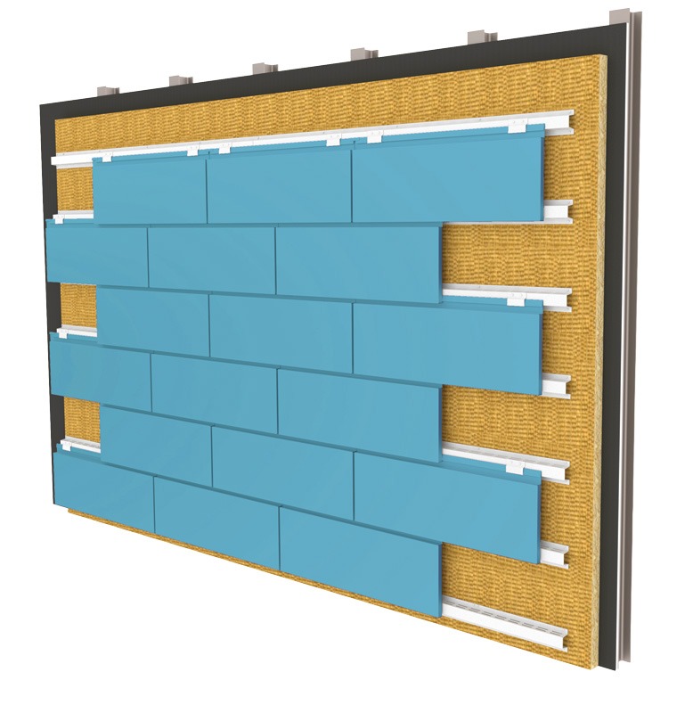 3D cutaway illustration of a rainscreen wall assembly. Blue rectangular cladding panels in a staggered pattern are mounted on white horizontal rails over yellow mineral wool insulation, with a dark air and water barrier layer behind it.
