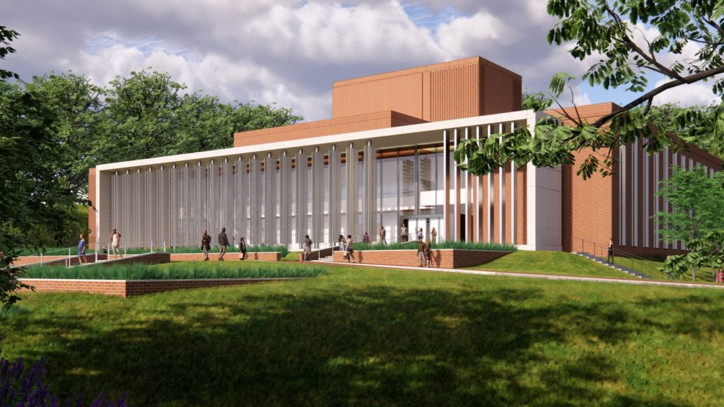 Architectural rendering of a modern red-brick building with a glass entrance, vertical gray sunshades, landscaped grounds, and people walking outside.