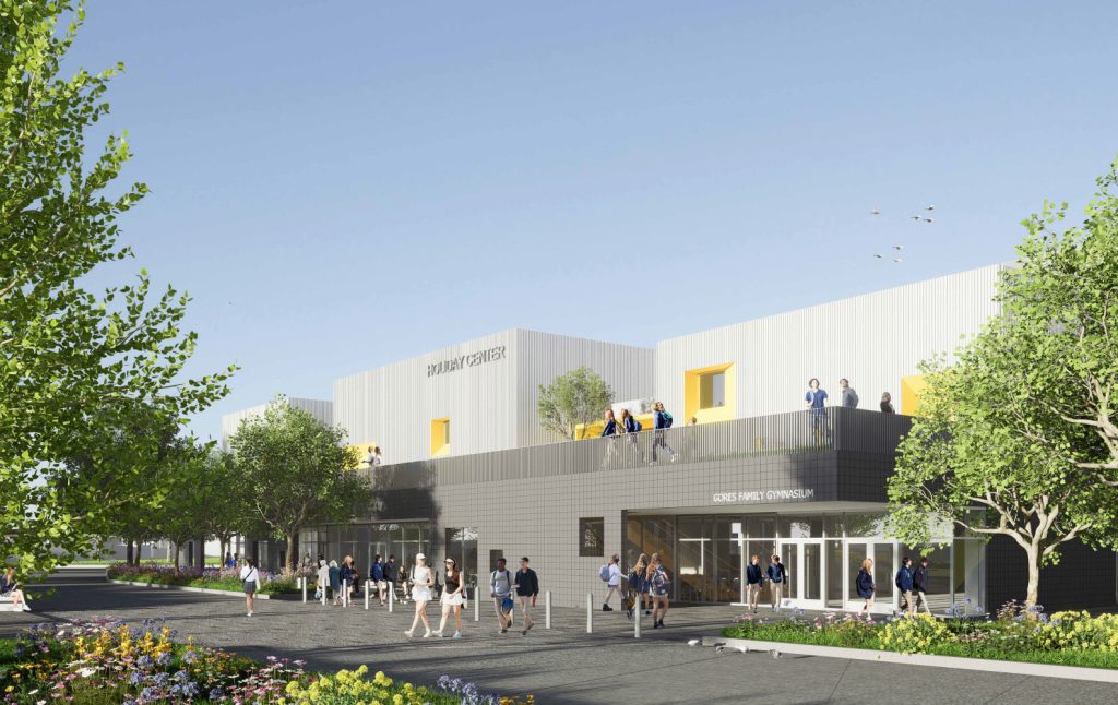 Architectural rendering of the Holiday Center and Gores Family Gymnasium, with people, trees, and flower beds surrounding the modern building.
