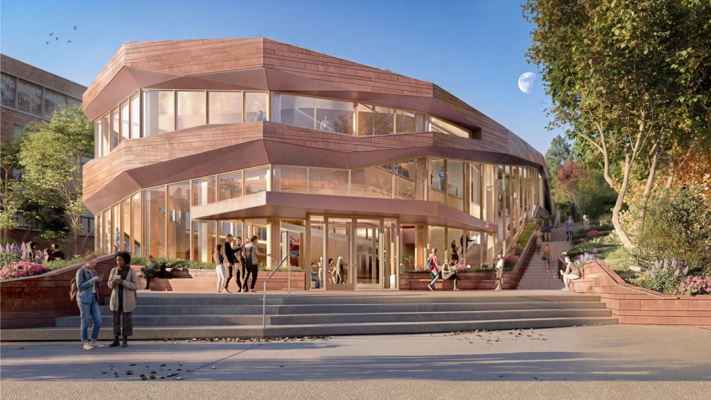 Architectural rendering of a contemporary, angular, glass-fronted building surrounded by landscaped terraces, stairs, trees, and people.
